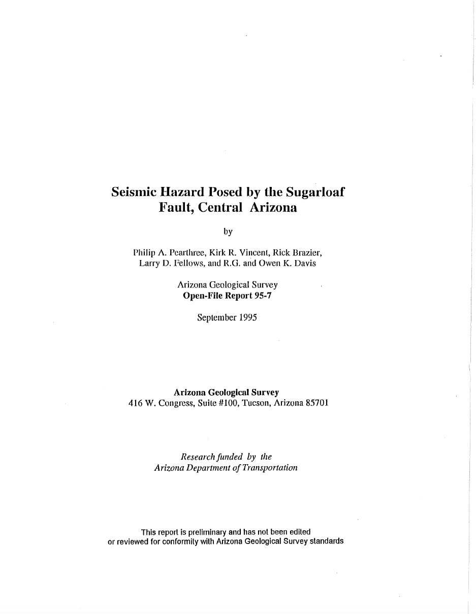 Thumbnail image of document cover: Seismic Hazard Posed by the Sugarloaf Fault, Central Arizona