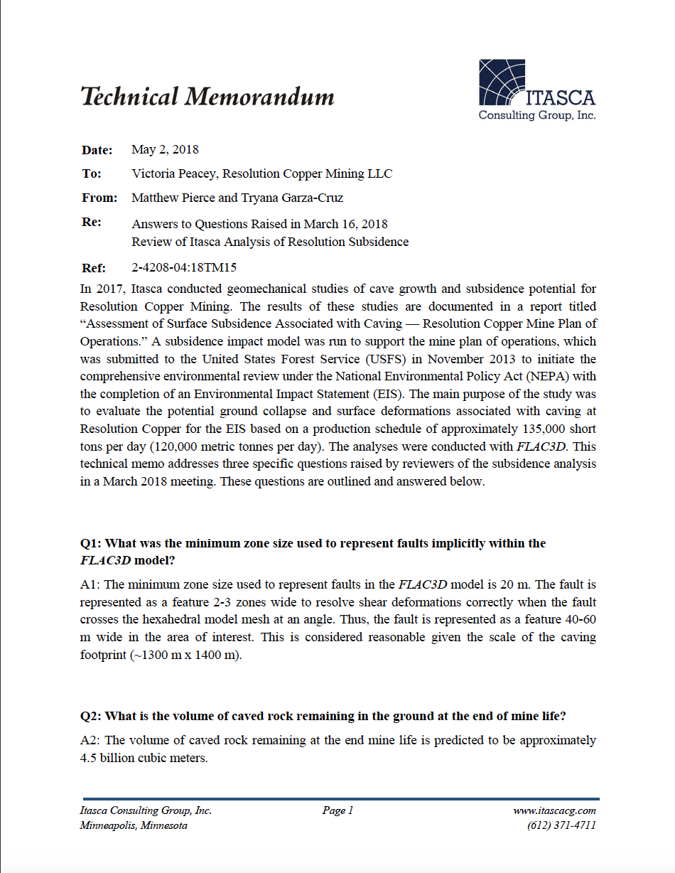 Thumbnail image of document cover: Answers to Questions Raised in March 16, 2018 Review of Itasca Analysis of Resolution Subsidence