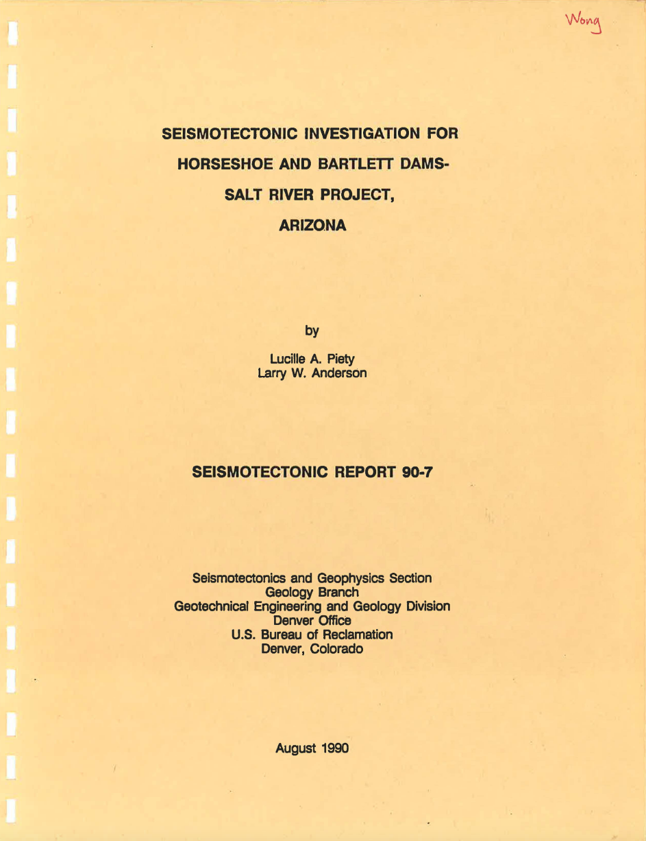 Thumbnail image of document cover: Seismotectonic Investigation for Horseshoe and Bartlett Dams, Salt River Project, Arizona