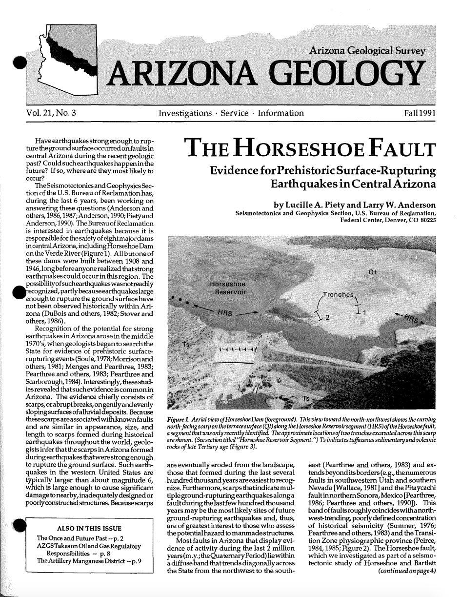 Thumbnail image of document cover: The Horseshoe Fault - Evidence for Prehistoric Surface-Rupturing Earthquakes in Central Arizona