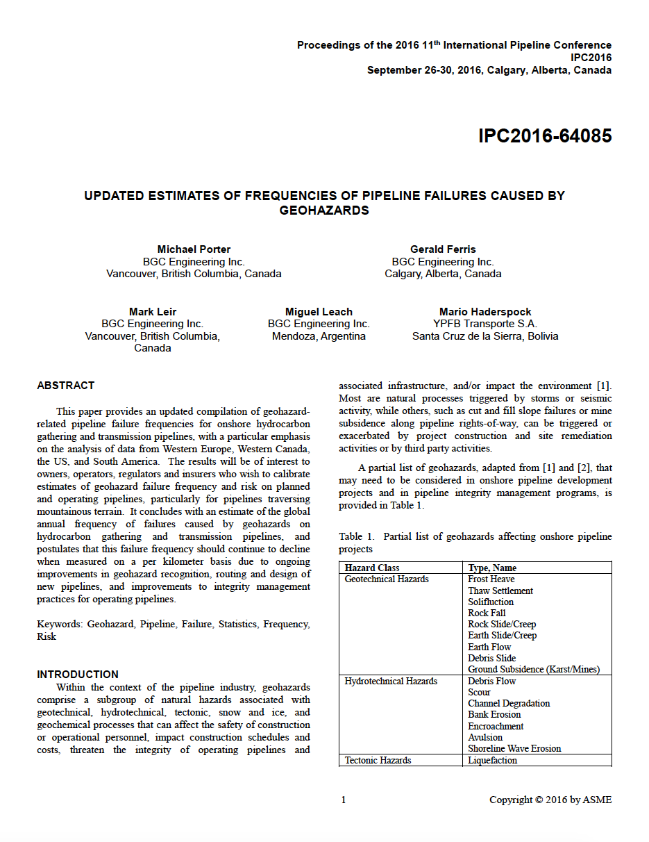 Thumbnail image of document cover: Updated Estimates of Frequencies of Pipeline Failures Caused by Geohazards