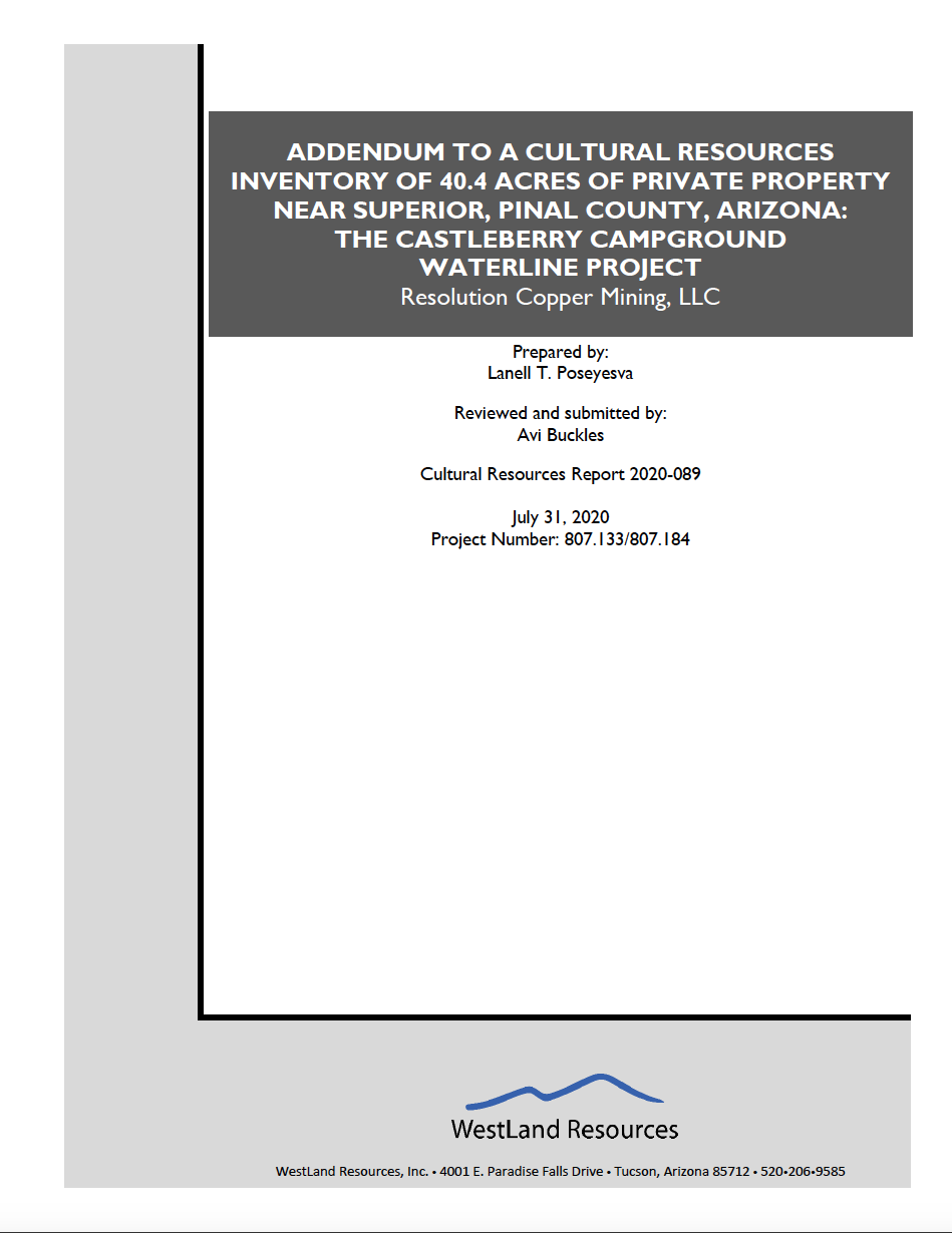 Thumbnail image of document cover: Addendum to a Cultural Resources Inventory of 40.4 Acres of Private Property near Superior, Pinal County, Arizona: The Castleberry Campground Waterline Project