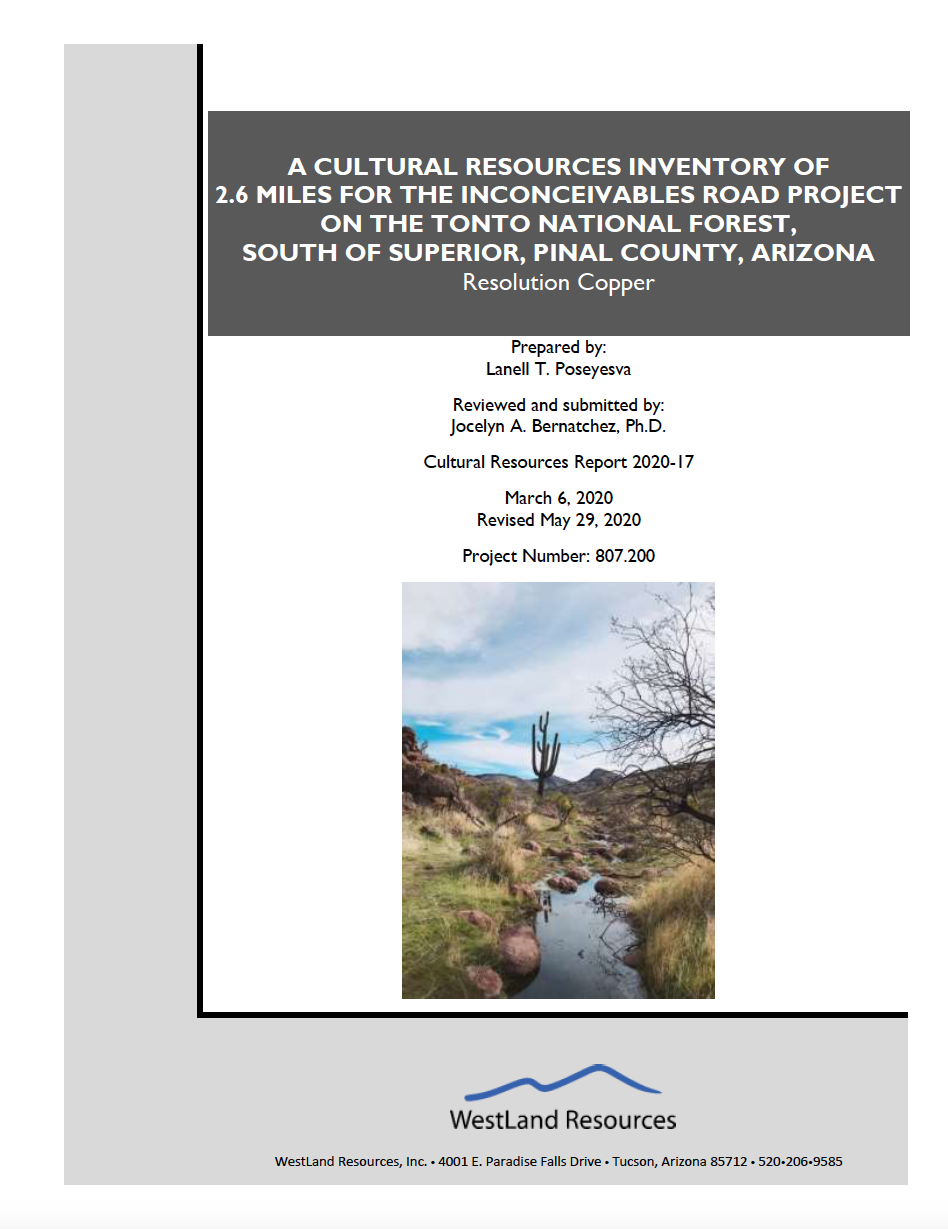 Thumbnail image of document cover: A Cultural Resources Inventory of 2.6 Miles for the Inconceivables Road Project on the Tonto National Forest, South of Superior, Pinal County, Arizona
