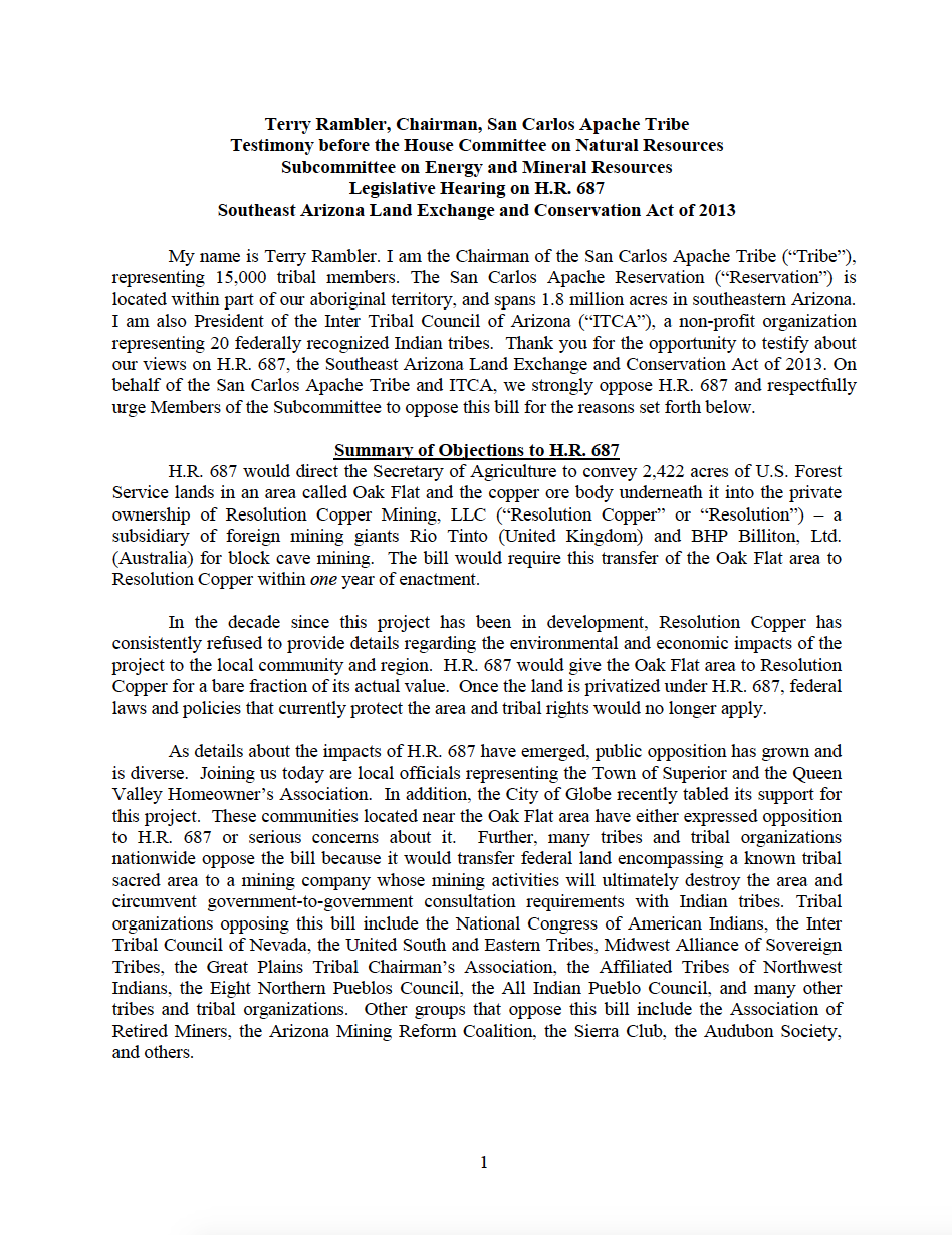 Thumbnail image of document cover: Testimony before the House Committee on Natural Resources, Subcommittee on Energy and Mineral Resources Legislative Hearing on H.R. 687 Southeast Arizona Land Exchange and Conservation Act of 2013