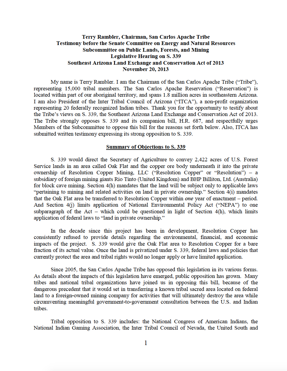 Thumbnail image of document cover: Testimony before the Senate Committee on Energy and Natural Resources, Subcommittee on Public Lands, Forests, and Mining Legislative Hearing on S. 339 Southeast Arizona Land Exchange and Conservation Act of 2013