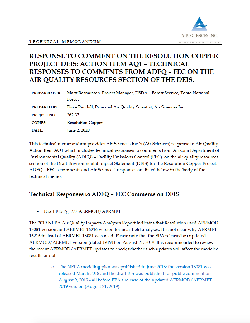 Thumbnail image of document cover: Response to Comment on the Resolution Copper Project DEIS: Action Item AQ1 - Technical Responses to Comments from ADEQ - FEC on the Air Quality Resources Section of the DEIS