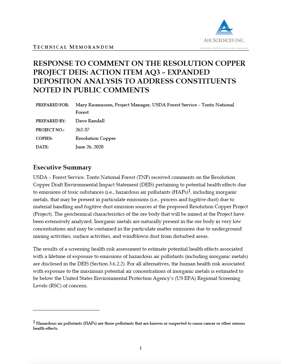 Thumbnail image of document cover: Response to Comment on the Resolution Copper Project DEIS: Action Item AQ3 - Expanded Deposition Analysis to Address Constituents Noted in Public Comments