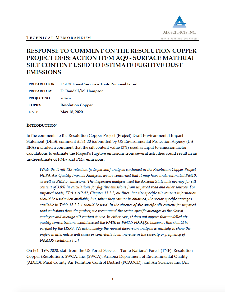 Thumbnail image of document cover: Response to Comment on the Resolution Copper Project DEIS: Action Item AQ9 - Surface Material Silt Content Used to Estimate Fugitive Dust Emissions