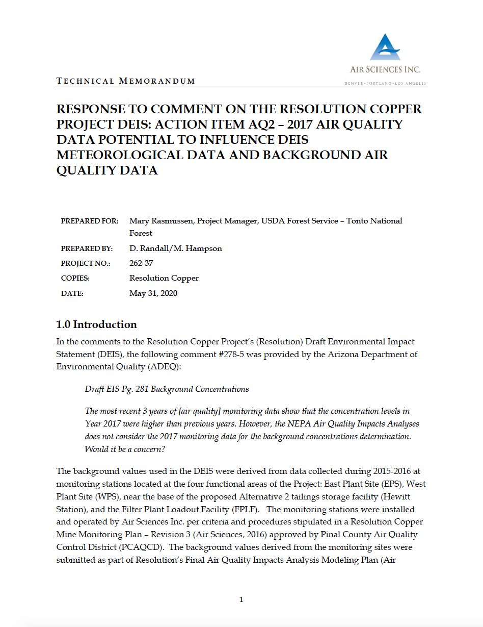 Thumbnail image of document cover: Response to Comment on the Resolution Copper Project DEIS: Action Item AQ2 - 2017 Air Quality Data Potential to Influence DEIS Meteorological Data and Background Air Quality Data