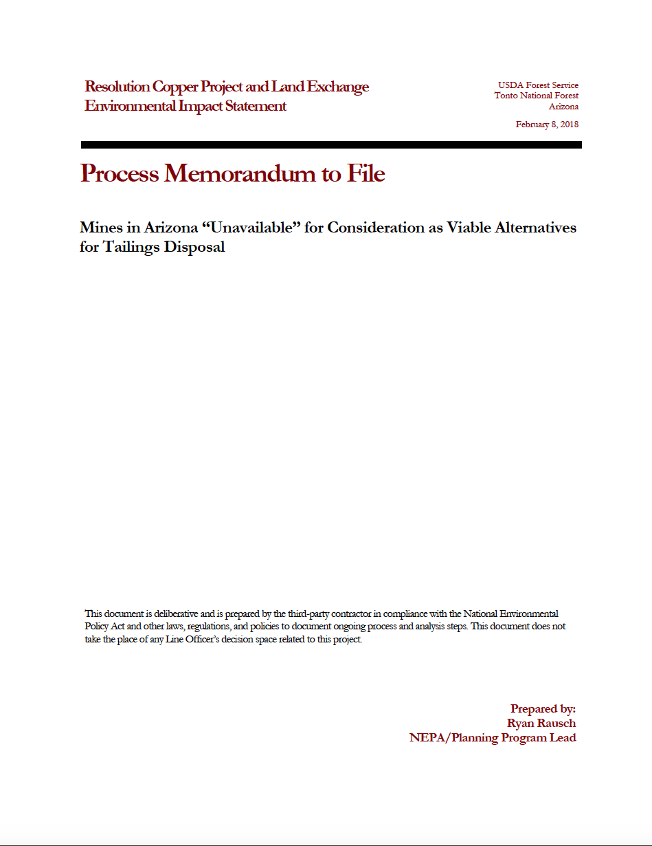 Thumbnail image of document cover: Mines in Arizona "Unavailable" for Consideration as Viable Alternatives for Tailings Disposal