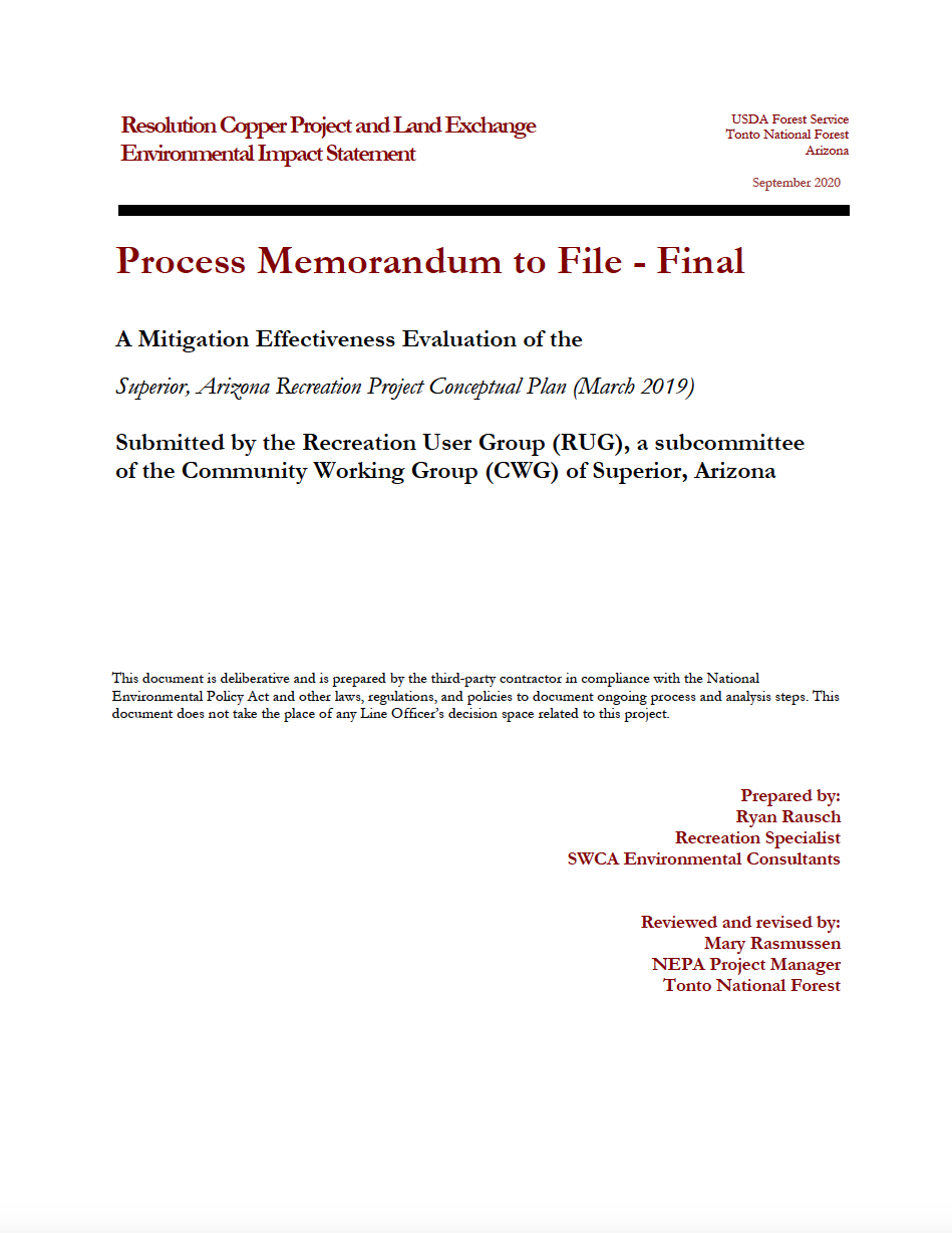 Thumbnail image of document cover: A Mitigation Effectiveness Evaluation of the Superior, Arizona Recreation Project Conceptual Plan: Submitted by the Recreation User Group, a subcommittee of the Community Working Group of Superior, Arizona