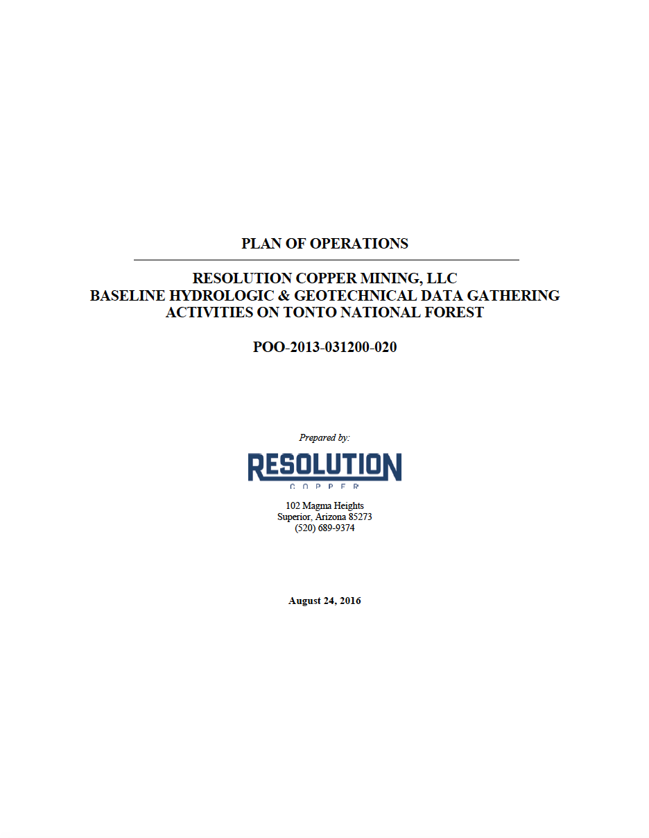 Thumbnail image of document cover: Plan of Operations: Resolution Copper Mining, LLC, Baseline Hydrological and Geotechnical Data Gathering Activities on Tonto National Forest