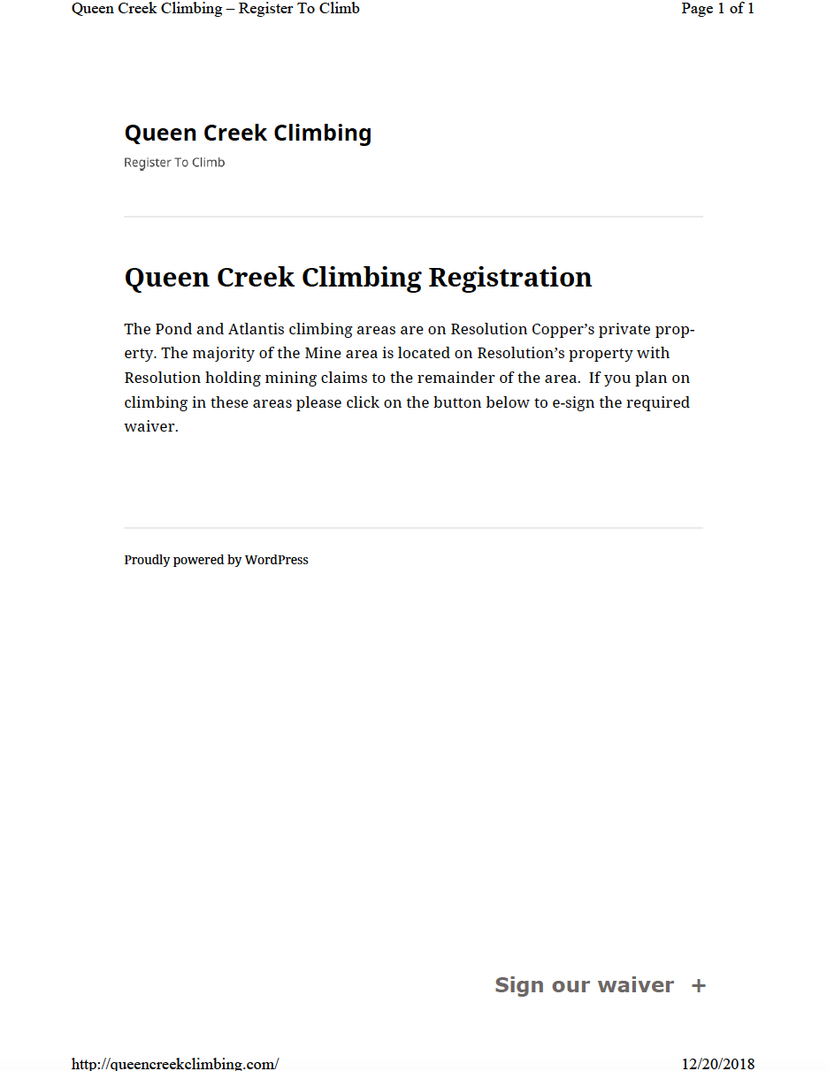 Thumbnail image of document cover: Queen Creek Climbing Registration