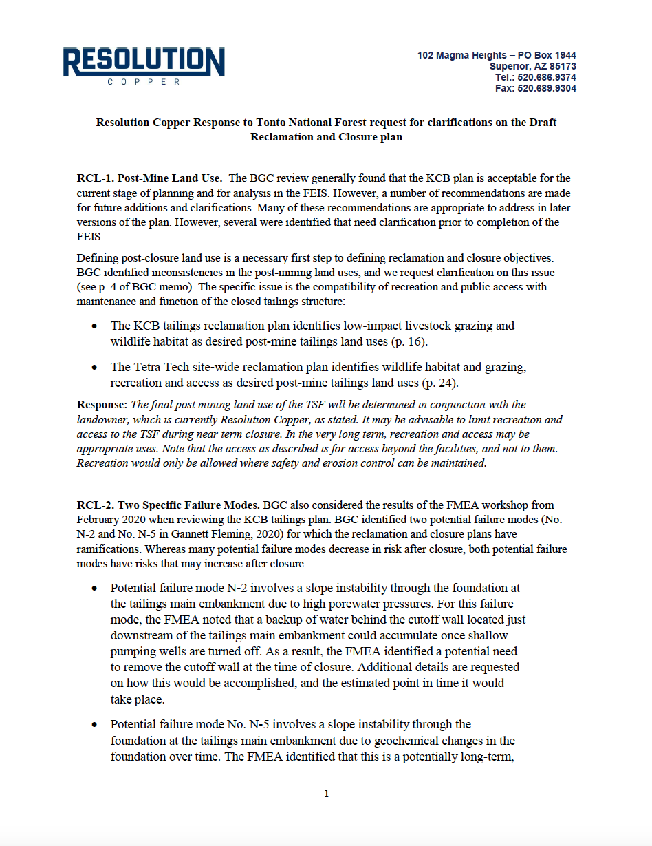 Thumbnail image of document cover: Response to Data Request for Reclamation and Closure Plan Clarifications