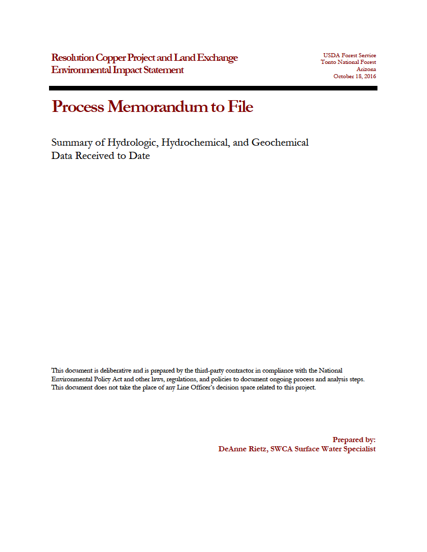 Thumbnail image of document cover: Summary of Hydrologic, Hydrochemical, and Geochemical Data Received to Date