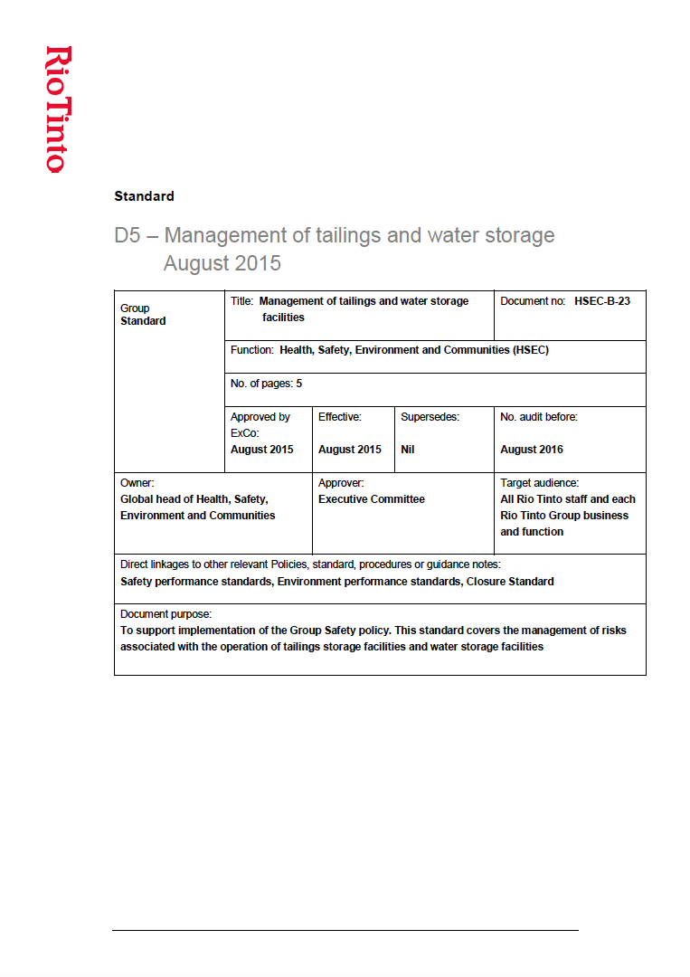 Thumbnail image of document cover: D5 - Management of Tailings and Water Storage