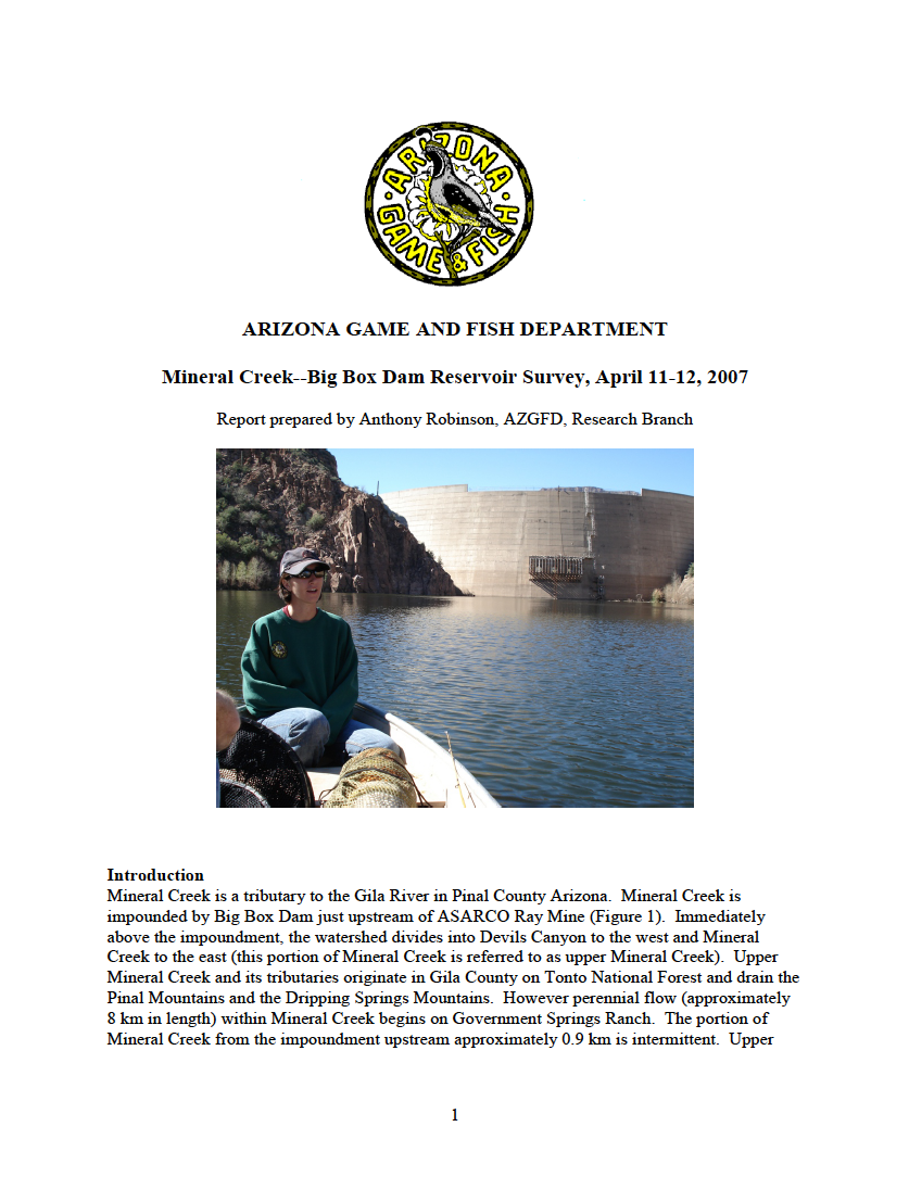 Thumbnail image of document cover: Mineral Creek--Big Box Dam Reservoir Survey, April 11-12, 2007