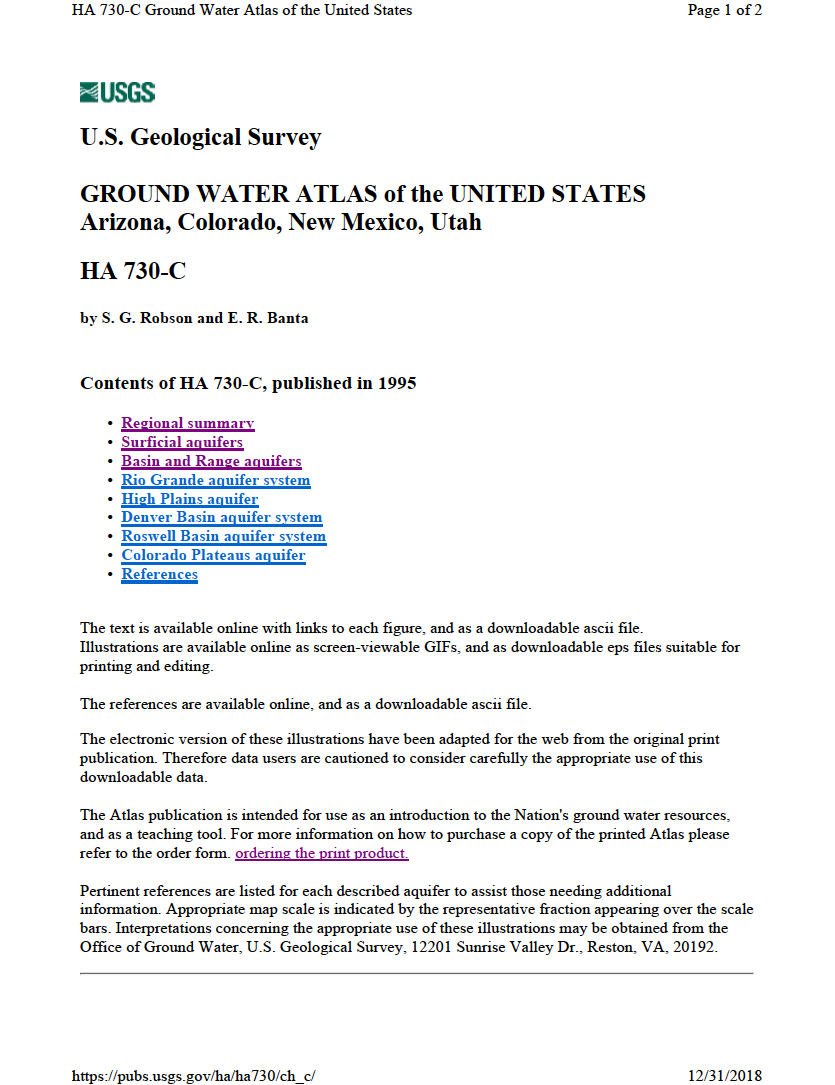 Thumbnail image of document cover: Ground Water Atlas of the United States, Arizona, Colorado, New Mexico, Utah