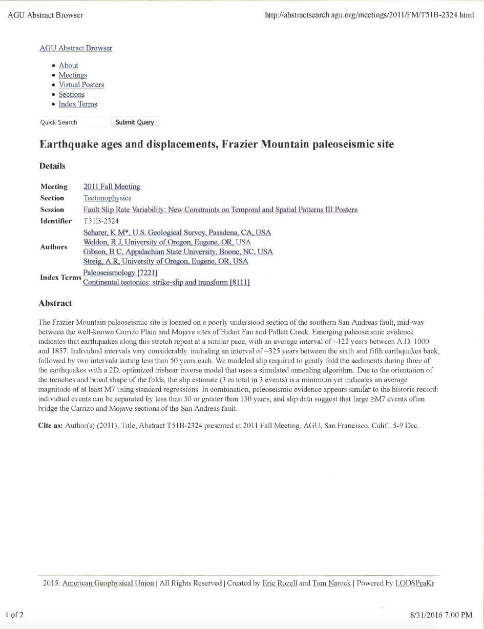 Thumbnail image of document cover: Earthquake Ages and Displacements, Frazier Mountain Paleoseismic Site