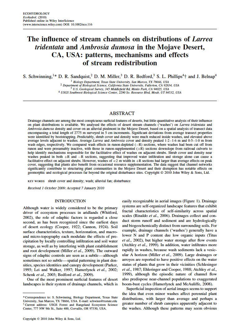 Thumbnail image of document cover: The Influence of Stream Channels on Distributions of Larrea tridenta and Ambrosia dumosa in the Mojave Desert, CA, USA: Patterns, Mechanisms and Effects of Stream Redistribution