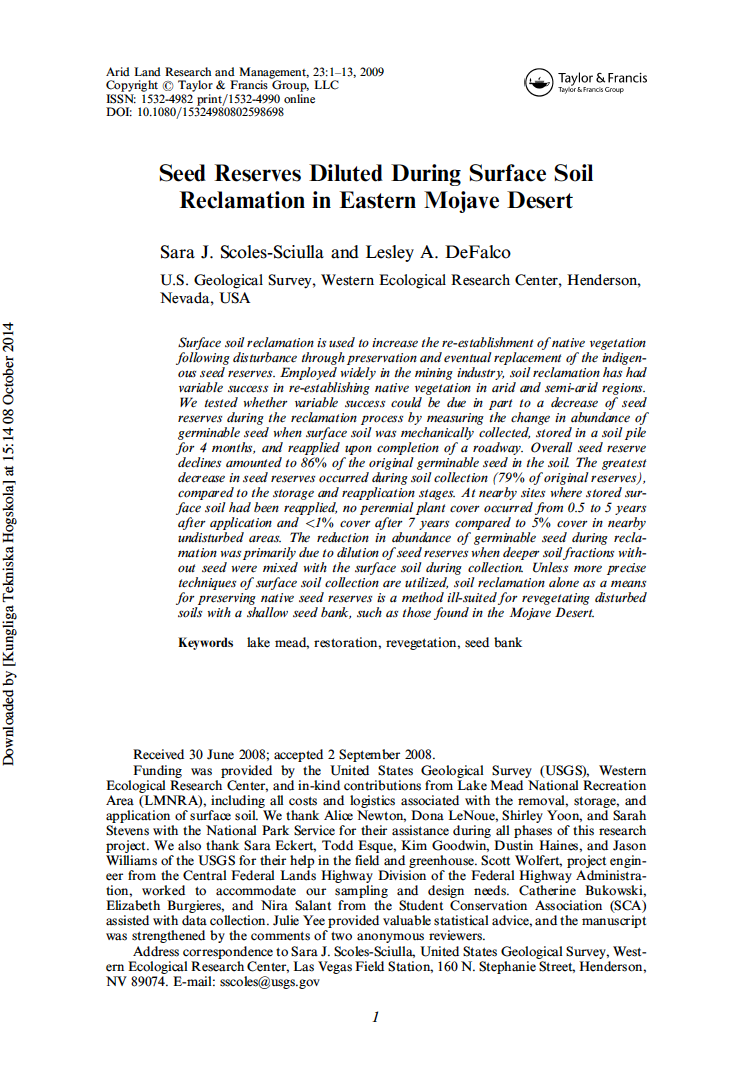 Thumbnail image of document cover: Seed Reserves Diluted During Surface Soil Reclamation in Eastern Mojave Desert