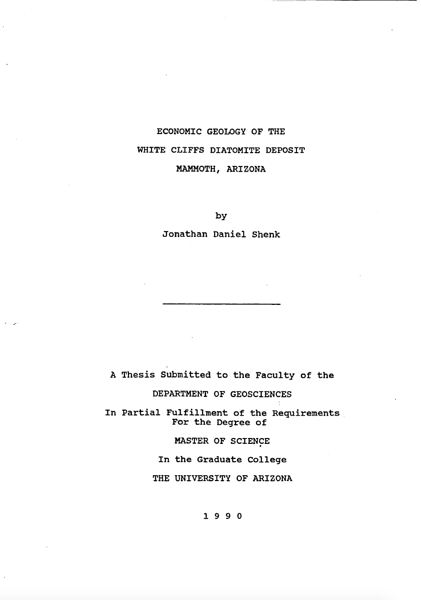 Thumbnail image of document cover: Economic Geology of the White Cliffs Diatomite Deposit, Mammoth, Arizona