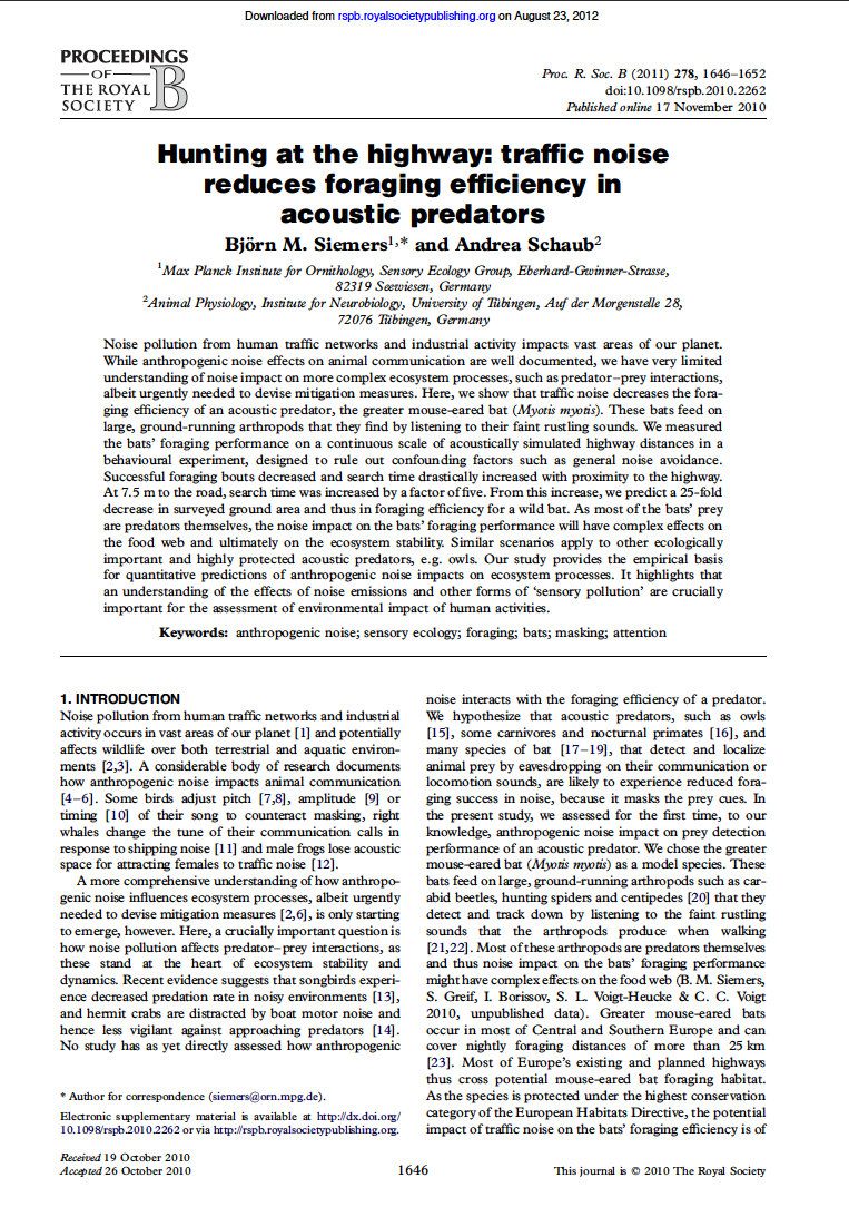 Thumbnail image of document cover: Hunting at the Highway: Traffic Noise Reduces Foraging Efficiency in Acoustic Predators