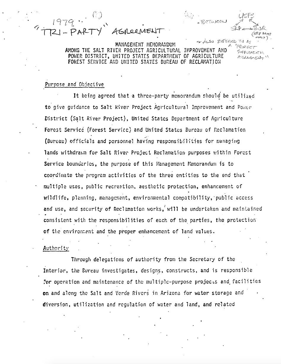 Thumbnail image of document cover: Management Memorandum Among the Salt River Project Agricultural Improvement and Power District, United States Department of Agriculture, Forest Service and United States Bureau of Reclamation