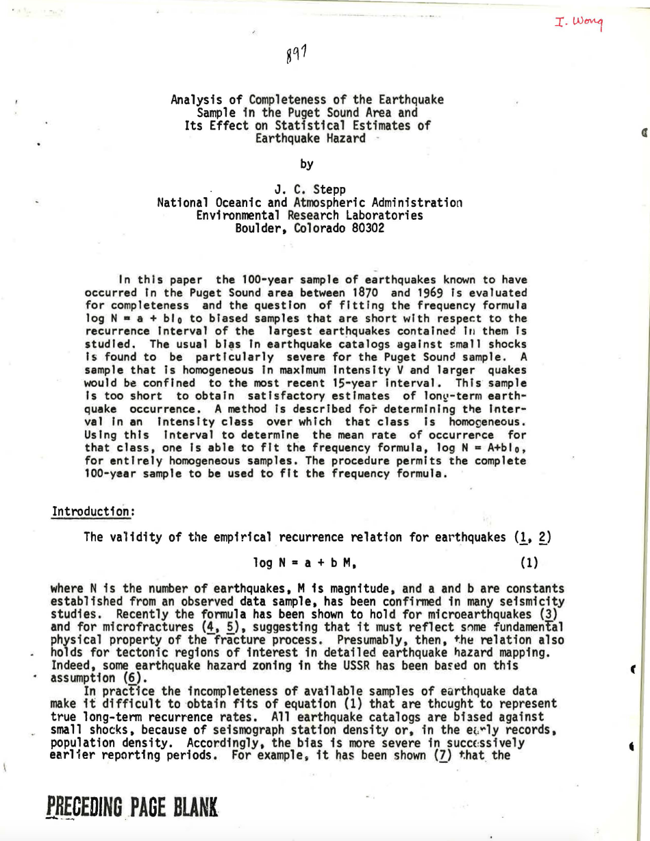 Thumbnail image of document cover: Analysis of Completeness of the Earthquake Sample in the Puget Sound Area and Its Effect on Statistical Estimates of Earthquake Hazard