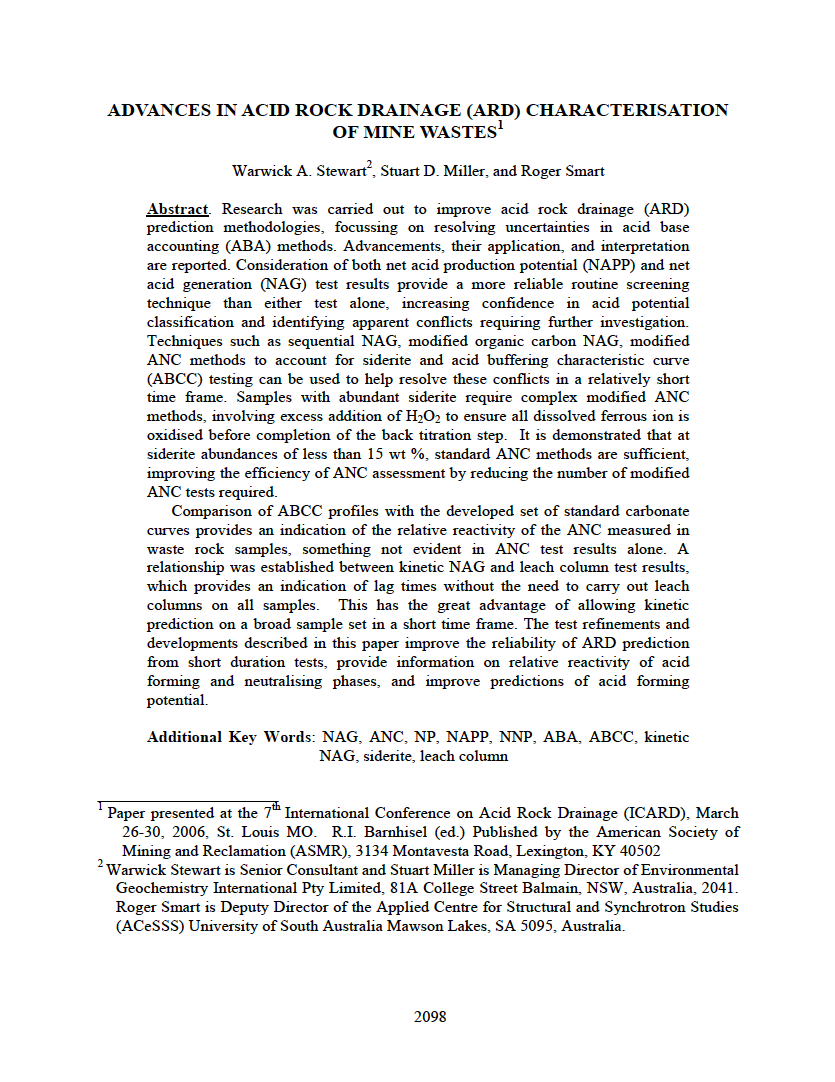 Thumbnail image of document cover: Advances in Acid Rock Drainage (ARD) Characterization of Mine Wastes