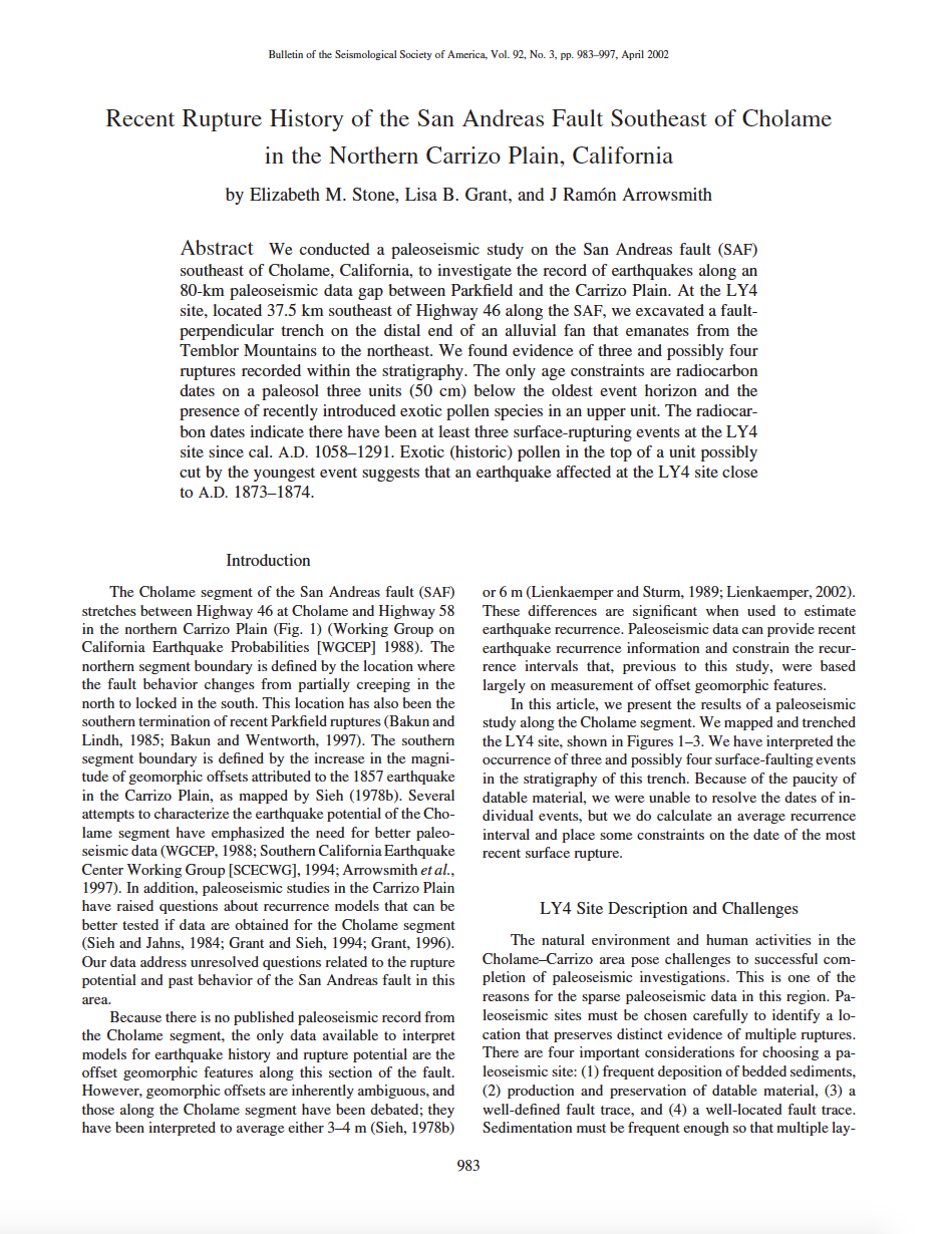 Thumbnail image of document cover: Recent Rupture History of the San Andreas Fault Southeast of Cholame in the Northern Carrizo Plain, California