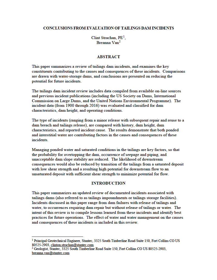 Thumbnail image of document cover: Conclusions from Evaluation of Tailings Dam Incidents