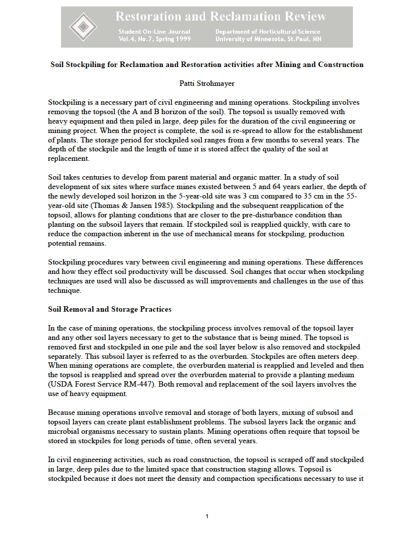 Thumbnail image of document cover: Soil Stockpiling for Reclamation and Restoration Activities After Mining and Construction