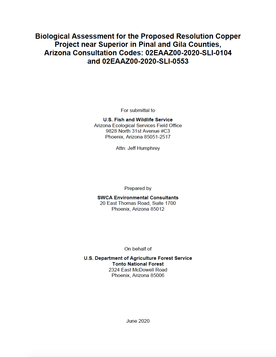 Thumbnail image of document cover: Biological Assessment for the Proposed Resolution Copper Project near Superior in Pinal and Gila Counties, Arizona Consultation Codes: 02EAAZ00-2020-SLI-0104 and 02EAAZ00-2020-SLI-0553