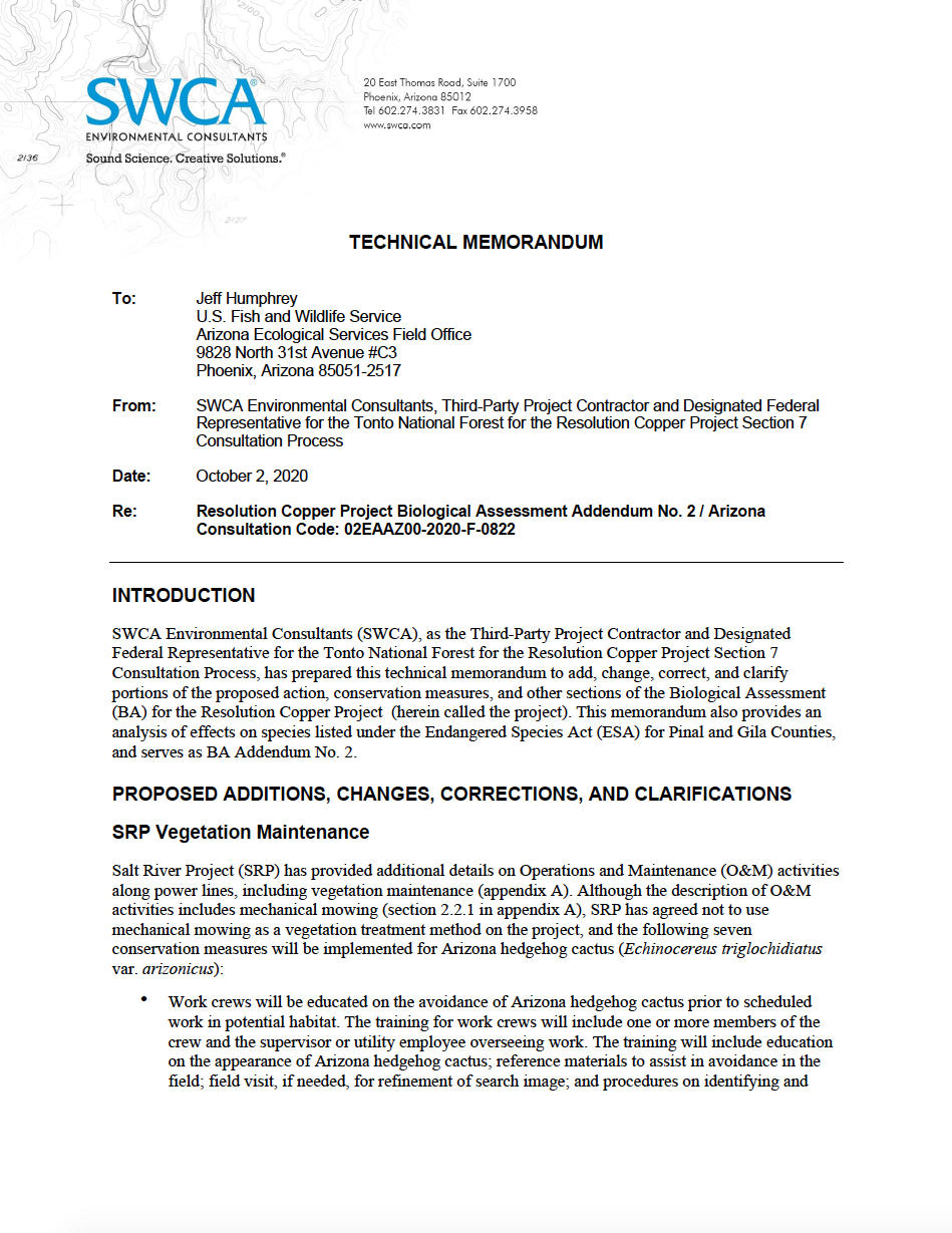 Thumbnail image of document cover: Resolution Copper Project Biological Assessment Addendum No. 2 / Arizona Consultation Code: 02EAAZ00-2020-F-0822