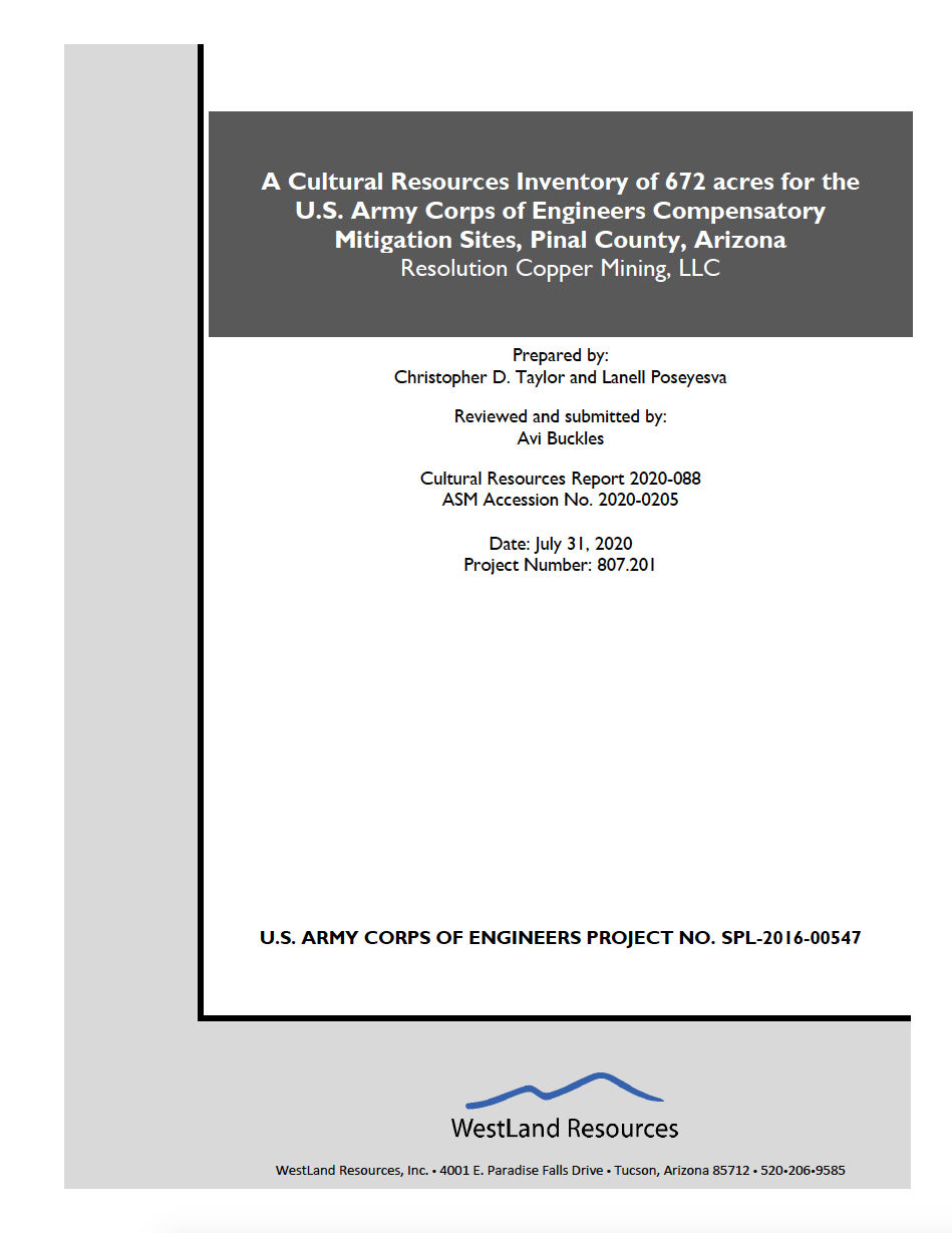 Thumbnail image of document cover: A Cultural Resources Inventory of 672 acres for the U.S. Army Corps of Engineers Compensatory Mitigation Sites, Pinal County, Arizona