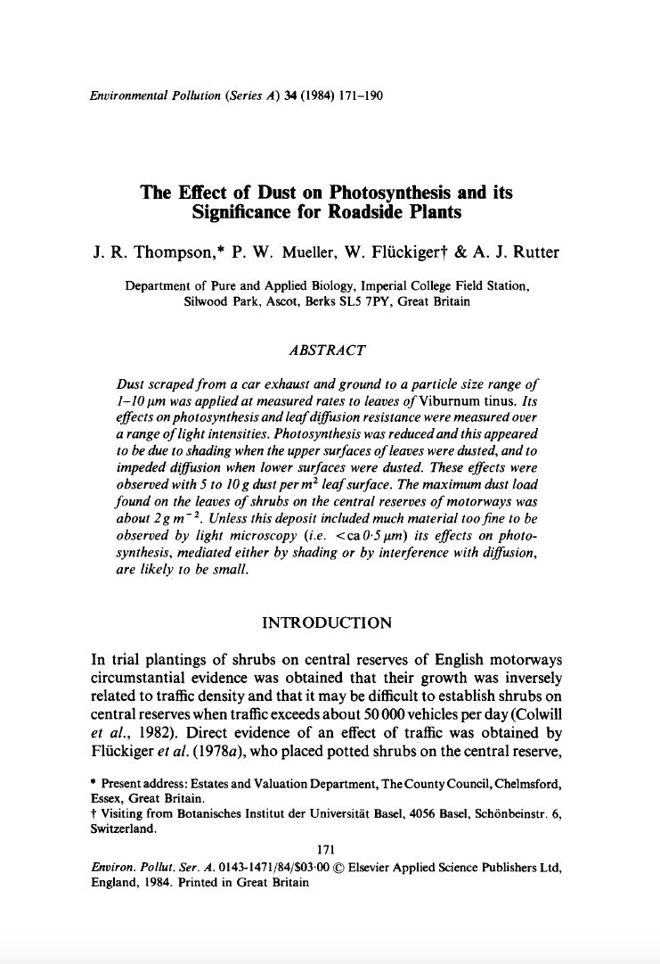 Thumbnail image of document cover: The Effect of Dust on Photosynthesis and its Significance for Roadside Plants