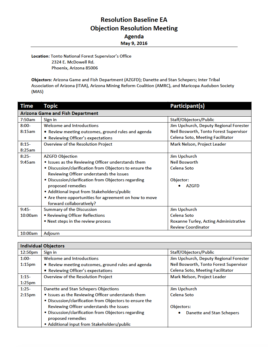 Thumbnail image of document cover: Resolution Baseline EA Objection Resolution Meeting Agenda