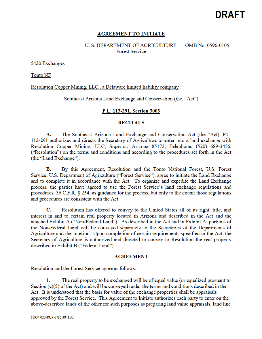 Thumbnail image of document cover: DRAFT Agreement to Initiate Land Exchange