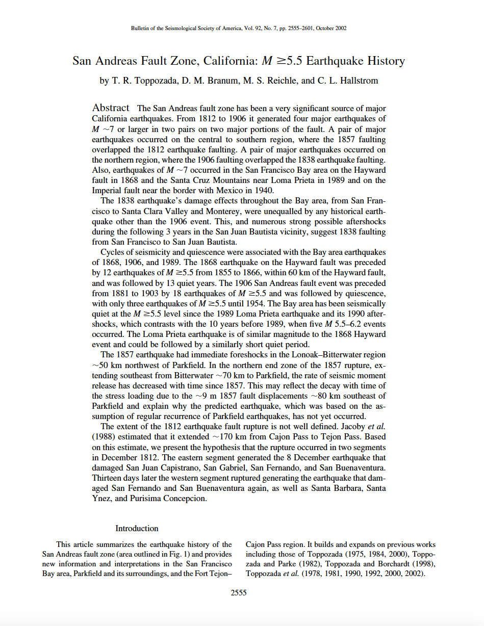 Thumbnail image of document cover: San Andreas Fault Zone, California: M ≥5.5 Earthquake History