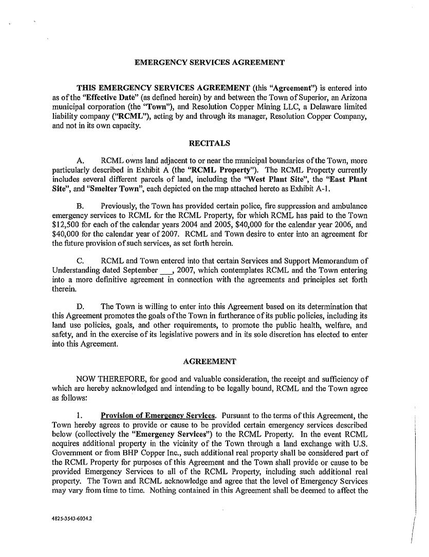 Thumbnail image of document cover: Emergency Services Agreement Between the Town of Superior and Resolution Copper Mining LLC