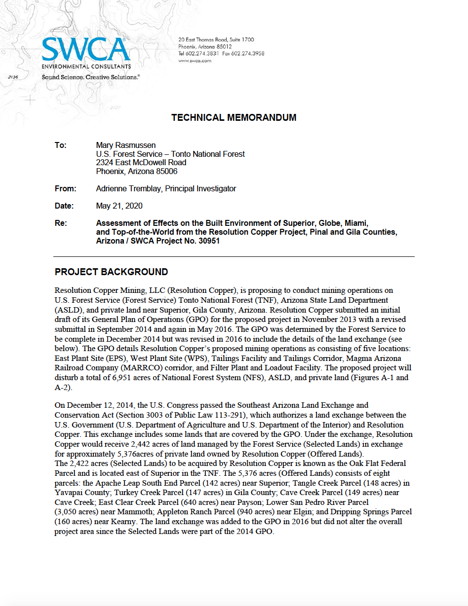 Thumbnail image of document cover: Assessment of Effects on the Built Environment of Superior, Globe, Miami, and Top-of-the-World from the Resolution Copper Project, Pinal and Gila Counties, Arizona