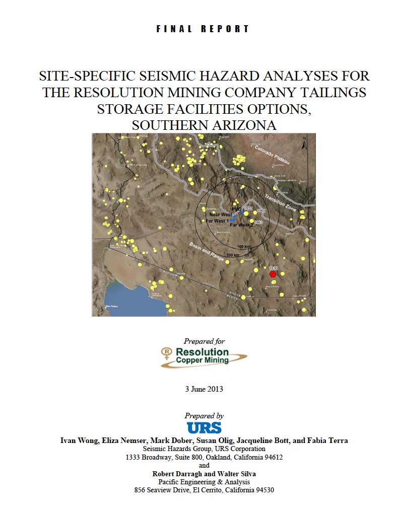 Thumbnail image of document cover: Site-Specific Seismic Hazard Analyses for the Resolution Mining Company Tailings Storage Facilities Options, Southern Arizona