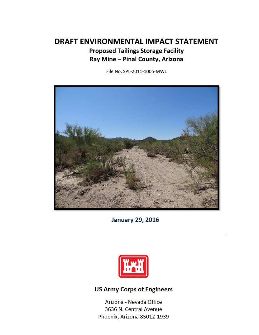 Thumbnail image of document cover: Draft Environmental Impact Statement, Proposed Tailings Storage Facility, Ray Mine - Pinal County, Arizona