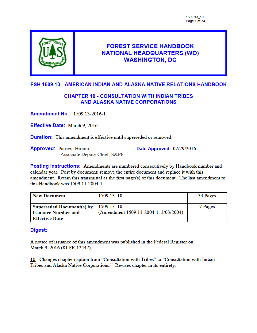 Thumbnail image of document cover:  FSH 1509.13 - American Indian and Alaska Native Relations Handbook