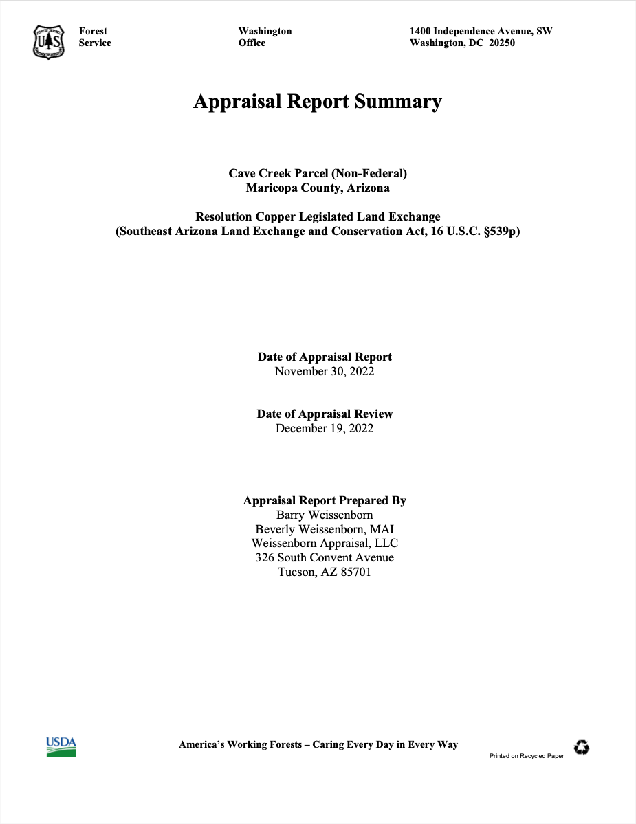 Thumbnail image of document cover: Appraisal Summary - Cave Creek Parcel