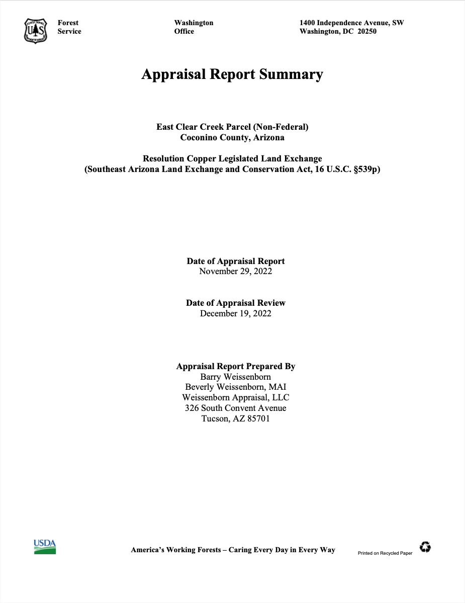 Thumbnail image of document cover: Appraisal Summary - East Clear Creek Parcel