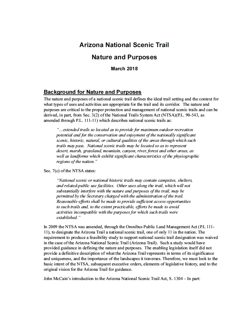 Thumbnail image of document cover: Arizona National Scenic Trail Nature and Purposes