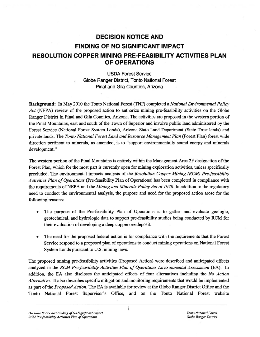 Thumbnail image of document cover: Decision Notice and Finding of No Significant Impact Resolution Copper Mining Pre-Feasibility Activities Plan of Operations [FONSI]