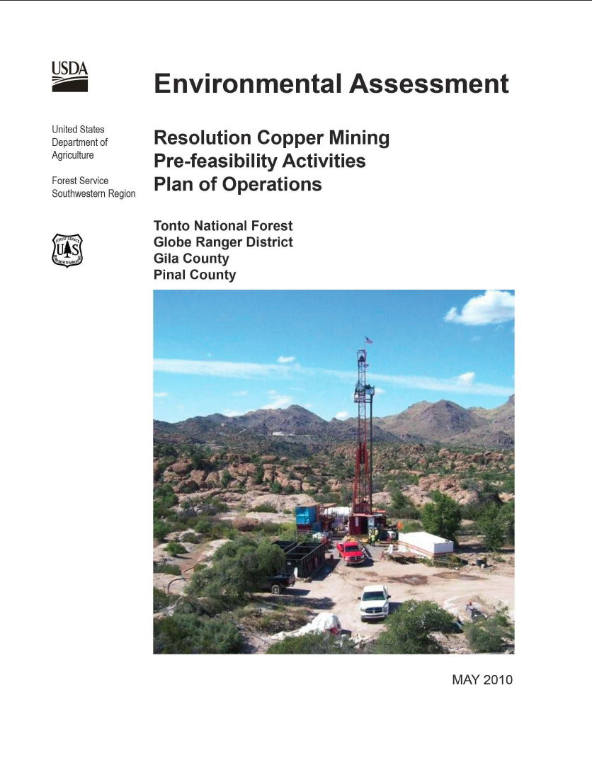 Thumbnail image of document cover: Environmental Assessment Resolution Copper Mining, Pre-feasibility Activities, Plan of Operations